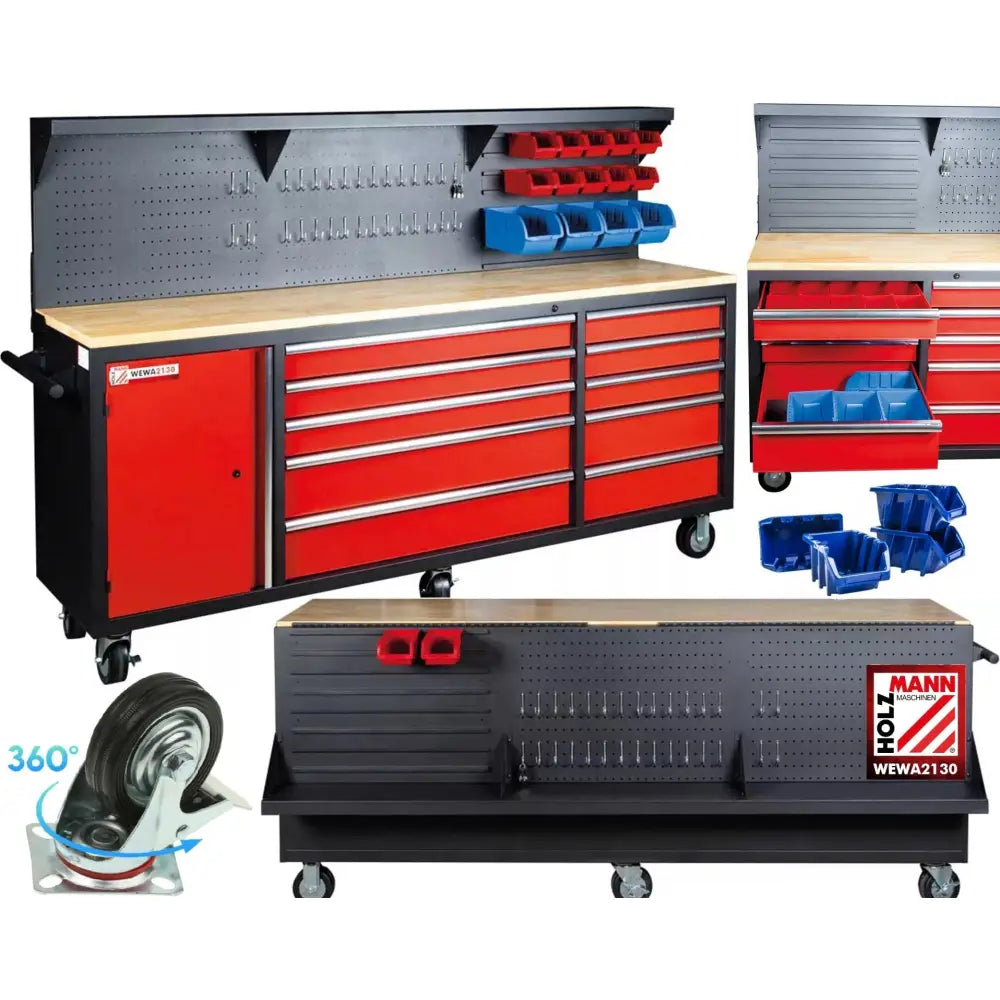 Verktøyvogn XXL Arbeidsbenk, frontbilde som viser rød og svart ramme, mange skuffer, lys treplate og plastbokser.