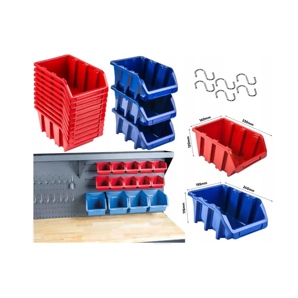 Verktøyvogn XXL Arbeidsbenk, stablede røde og blå plastbokser med metallkroker montert på verkstedvegg.