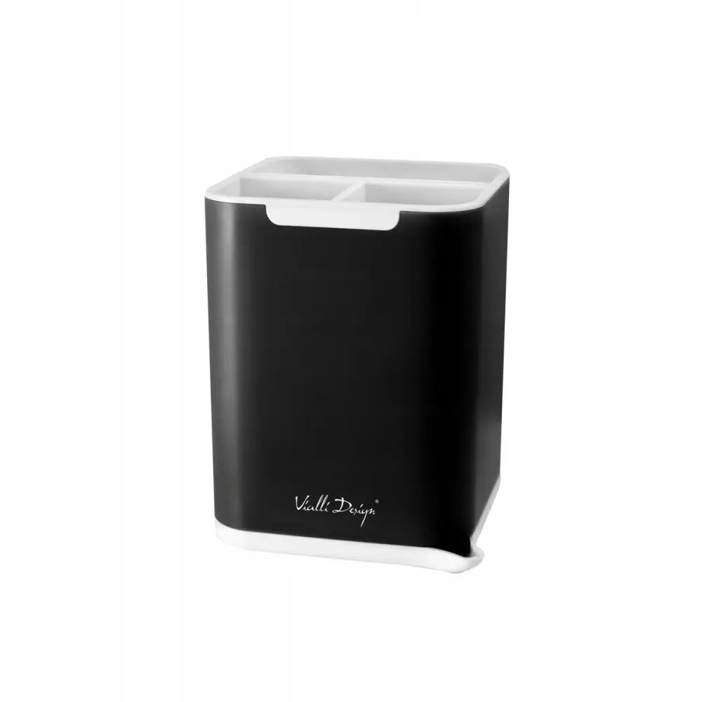 Vialli Dørslag Bestikkholder Livio i svart plast med tre rom og hvite detaljer, skrå forfra.