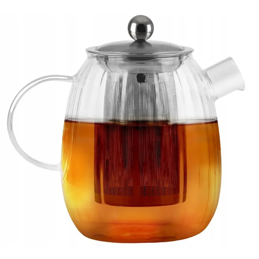 Vialli Tulip glasskanne for te, sidevisning med synlig metallfilter og te i kannen.