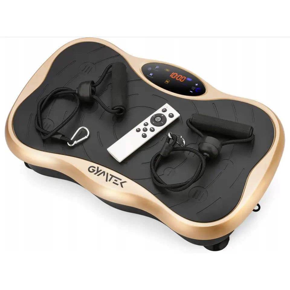 Vibrasjonsplattform trening massasjeren i svart og gull, med digitalt display, treningsstrikker og hvit fjernkontroll.