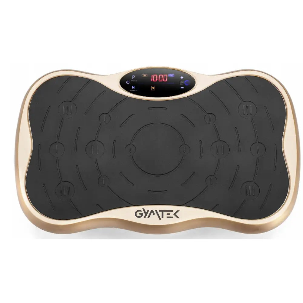 Vibrasjonsplattform Trening Massasjeren, toppvisning med digitalt LED-display og strukturert sort og gull ståflate.