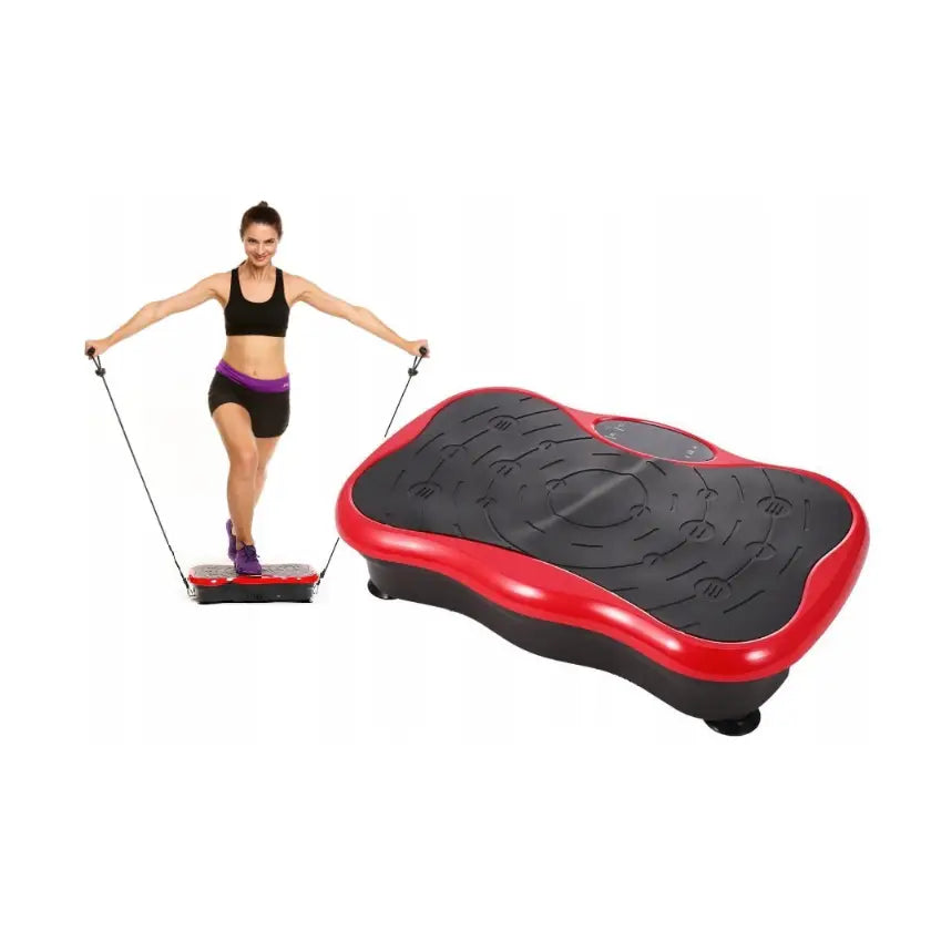 Vibrasjonsplattform i svart og rødt, kvinne viser trening med strikkhåndtak på hvit bakgrunn.