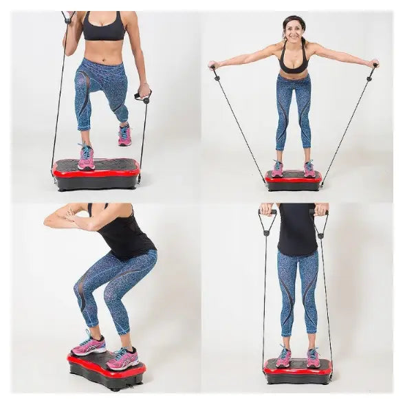 Vibrasjonsplattform med rød og svart base, kvinne trener med elastiske bånd i ulike øvelser fra flere vinkler.