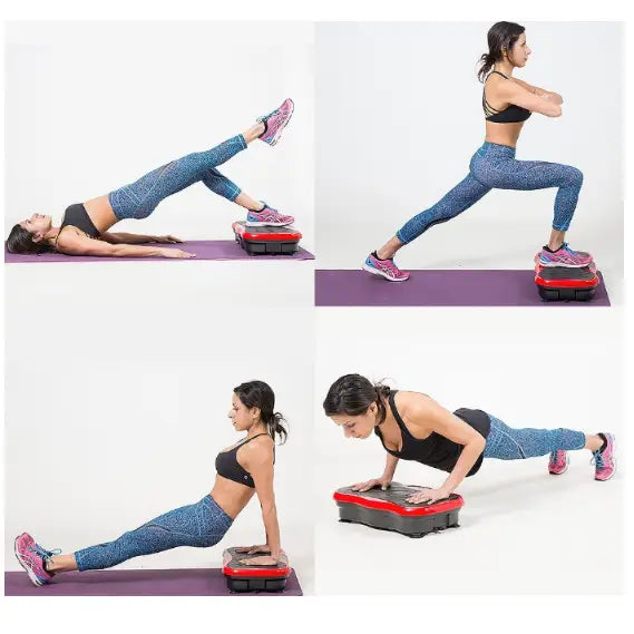 Vibrasjonsplattform i rødt og svart, kvinne viser styrkeøvelser og balanse på lilla matte fra ulike vinkler.