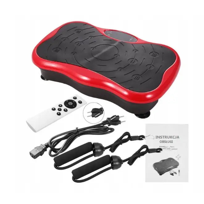 Vibrasjonsplattform i sort og rødt, sett skrått ovenfra med fjernkontroll, strikk, strømkabel og hefte.
