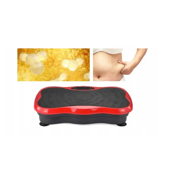 Vibrasjonsplattform i svart og rødt, frontvisning med illustrasjoner av kroppsfett og hudklyp ved midjen.