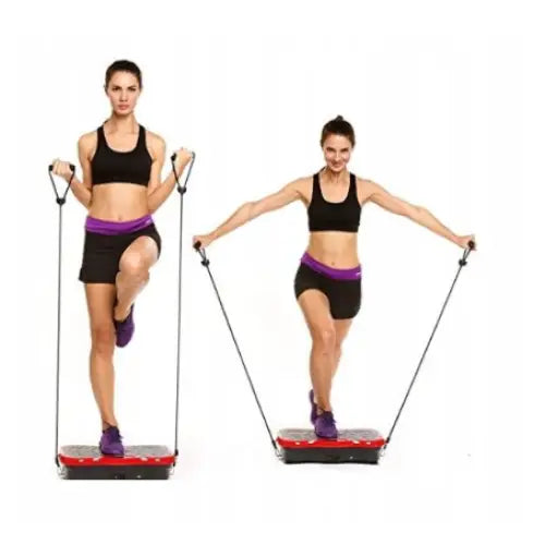 Vibrasjonsplattform med treningsstrikker, to kvinner viser varierte øvelser på svart og rød maskin mot hvit bakgrunn.