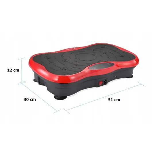 Vibrasjonsplattform i svart og rødt, skrå vinkel med synlige mål 51 x 30 x 12 cm på plastoverflaten.