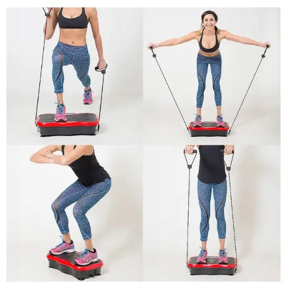 Massasjeapparat vibrasjonsplattform, kvinne viser styrkeøvelser med strikker på sort og rød plattform.