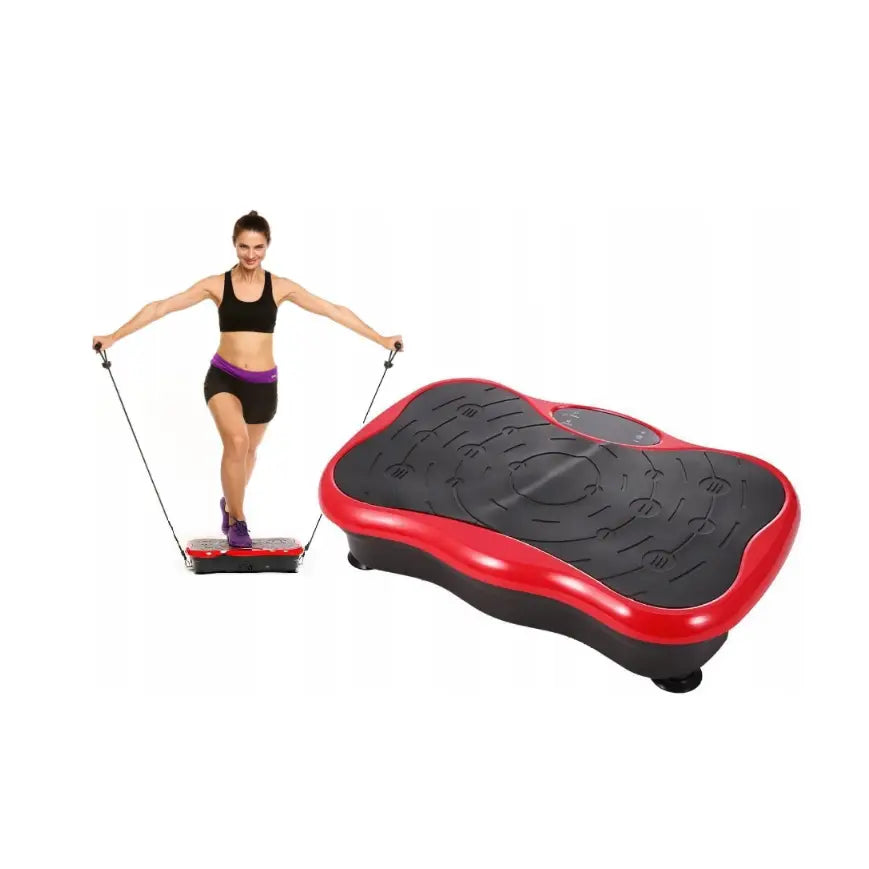 Massasjeapparat vibrasjonsplattform, skrå sidevisning med rød kant, person trener med strikker på apparatet.