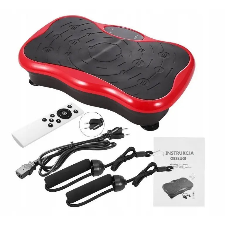 Massasjeapparat vibrasjonsplattform med fjernkontroll, strømledning, treningsbånd og brukermanual fra skrå vinkel.