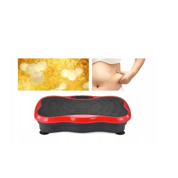 Massasjeapparat vibrasjonsplattform, frontvisning med illustrasjoner av fettceller og hånd som klyper magefett.