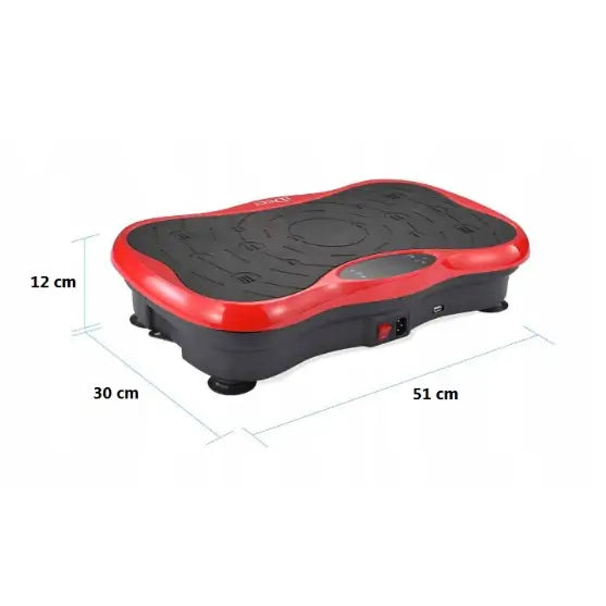 Massasjeapparat Vibrasjonsplattform, skråvisning med synlige mål på 51x30x12 cm og tofarget design.