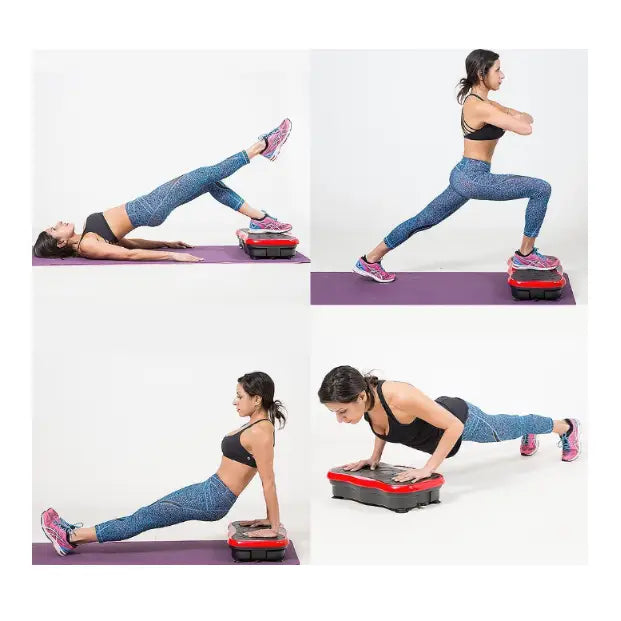 Massasjeapparat vibrasjonsplattform, kvinne demonstrerer variasjon av treningsøvelser på lilla treningsmatte.