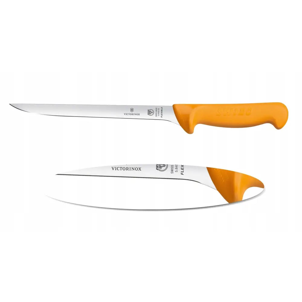 Victorinox Swibo fileteringskniv med 20 cm fleksibelt blad, oransje ergonomisk håndtak, vises fra to vinkler.