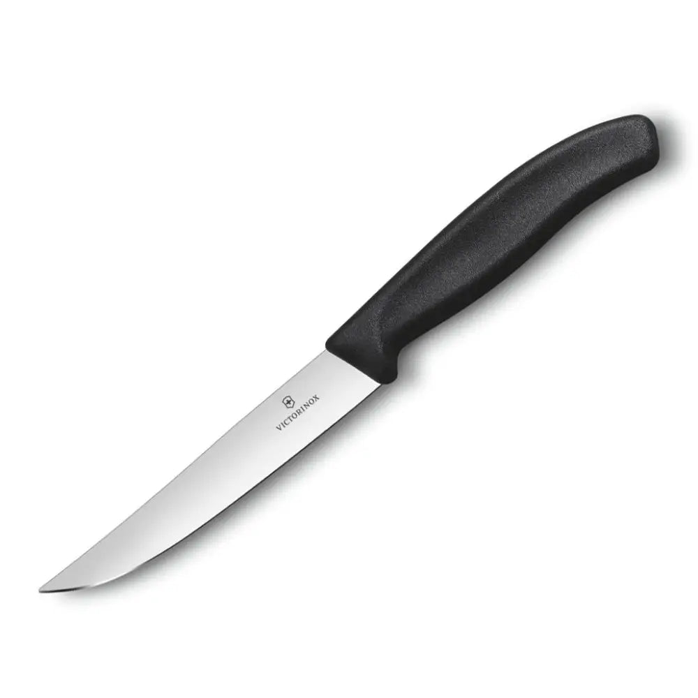 Victorinox kjøkkenkniv med smalt, rett stålblad og sort ergonomisk håndtak, sidevisning mot hvit bakgrunn.