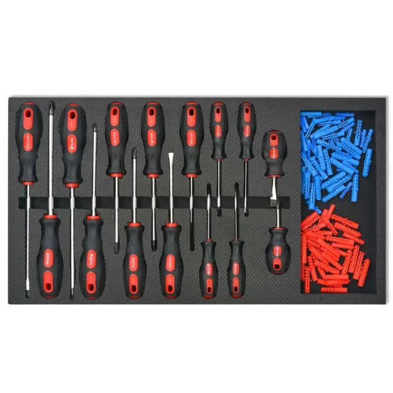 Skrutrekkersett i svart og rødt, ulike størrelser ordnet i skuff med blå og røde plugger til høyre.