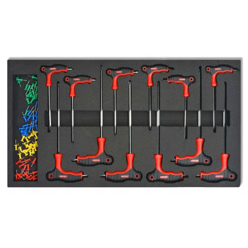 Vidaxl verkstedvogn, nærbilde av T-håndtak-nøkler med røde og sorte grep samt plastplugger i sort innlegg.