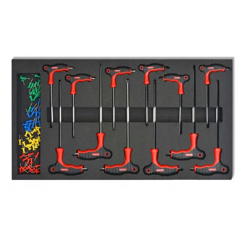 T-formede unbrakonøkler med svarte og røde håndtak, sortert i skuminnlegg ved siden av fargede plaststifter.