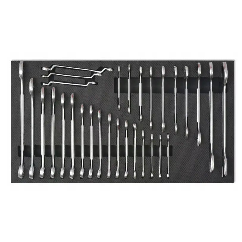 Vidaxl verkstedvogn, oversiktsbilde av sort skuminnlegg med kromfargede fastnøkler og ringnøkler i variasjon.