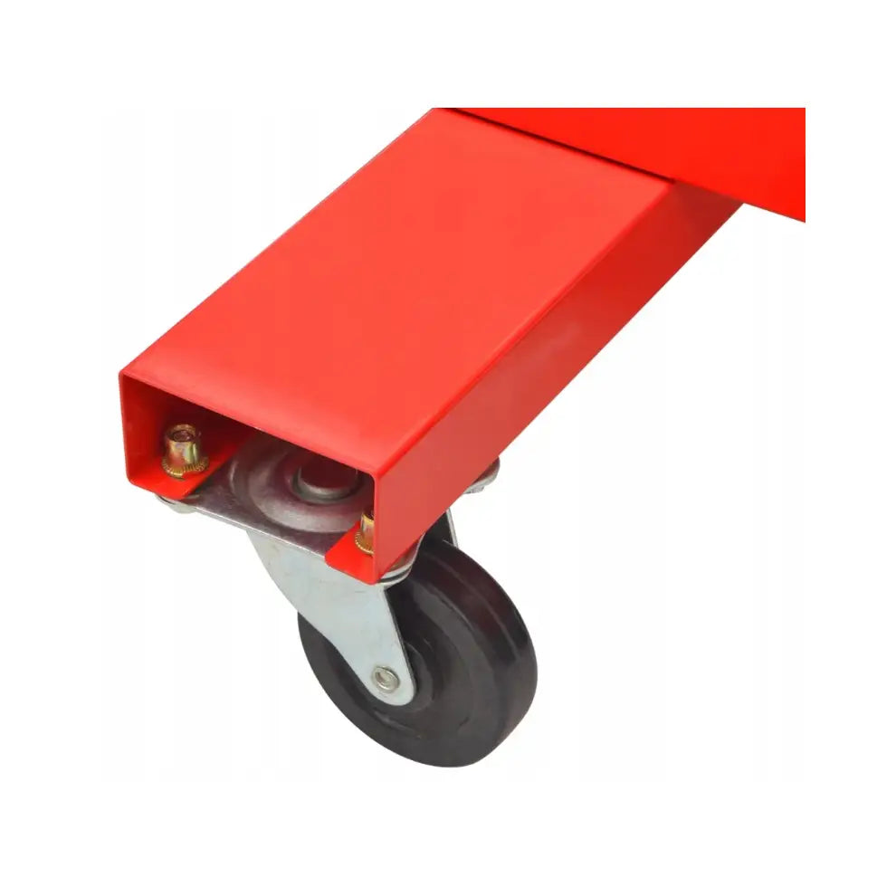 Vidaxl verkstedvogn, detaljvisning av sort gummihjul festet til rød metallramme med bolter og beslag.