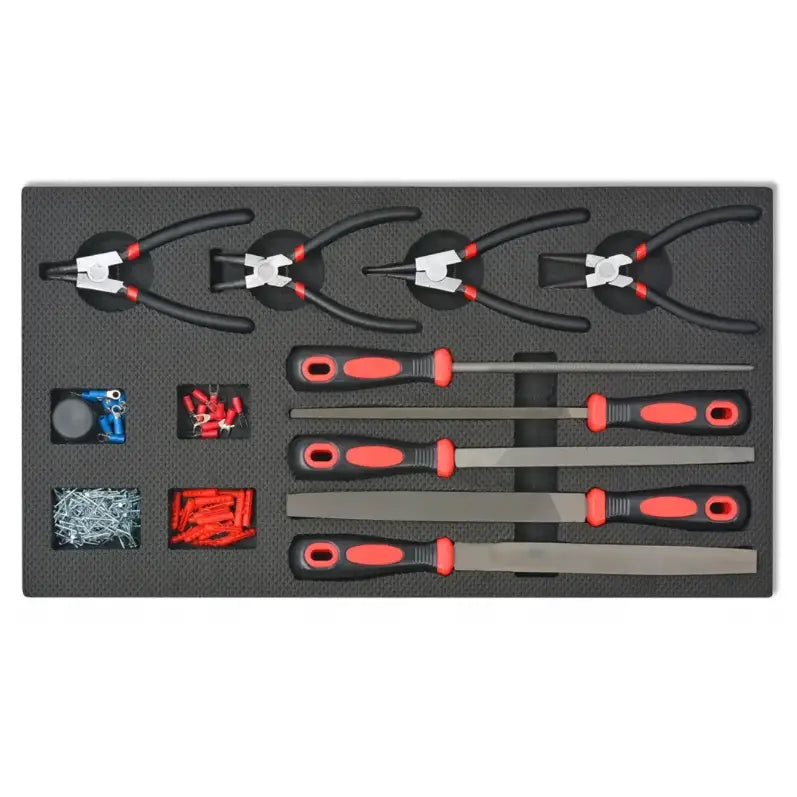 Sort verktøyinnlegg med fire tenger og fire filer med sorte og røde håndtak, sett ovenfra, smådeler nederst.