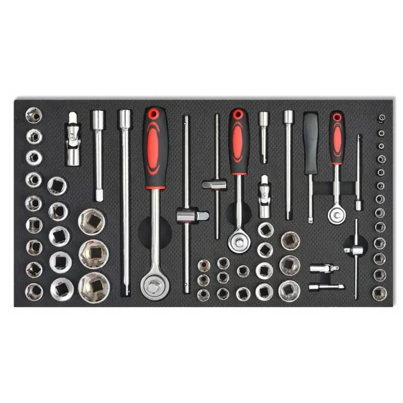 Pipenøkkelsett fra Vidaxl, oversiktsbilde av blanke nøkler og tilbehør i svart skum med røde detaljer.