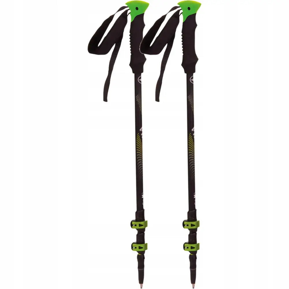 Viking Kivi vandrestaver, sett forfra med grønne håndtak, håndleddsstropper og spisse tupper synlige.