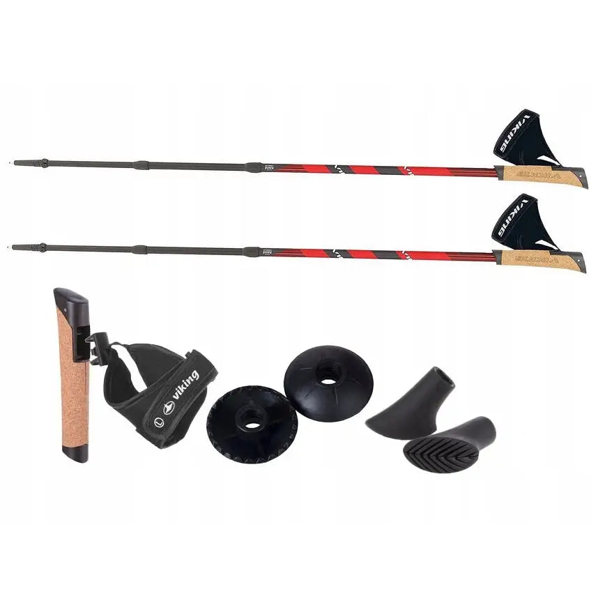 Viking Kube Pro sammenleggbare nordiske gåstaver, sidevisning med korkhåndtak og tilbehør detaljert under.
