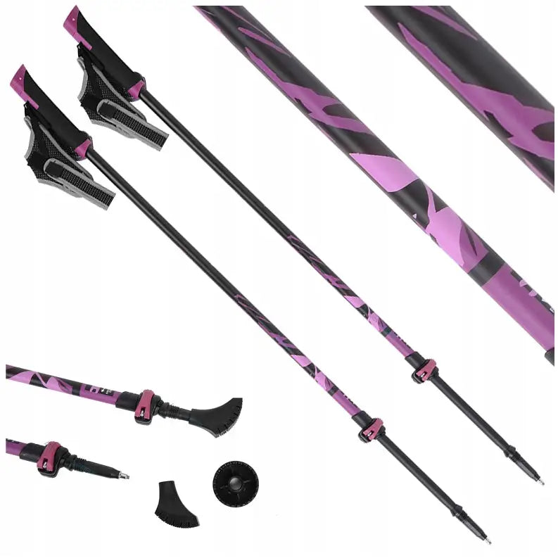 Viking Uppsala Nordic Walking-staver i svart og lilla, sammenleggbare med tilbehør og justerbare håndremmer.