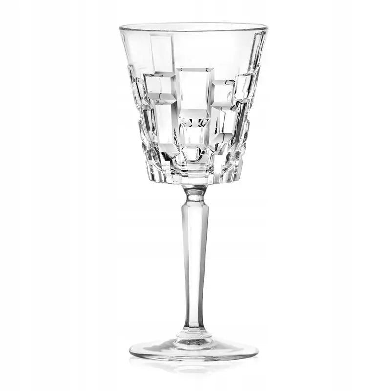 Vinglass RCR Etna 280 ml, rett forfra med høy stett og fasettert, geometrisk dekor på klokken.