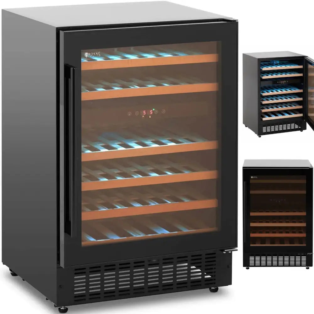 Svart vinskap med glassdør, fem trehyller og blå LED-belysning, vist skrått forfra med detaljbilder.