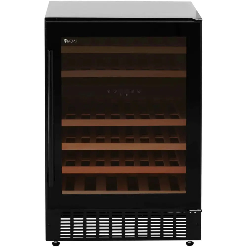 Sort vinskap med glassdør, fem trehyller og synlig elektronisk kontrollpanel, frontvisning.