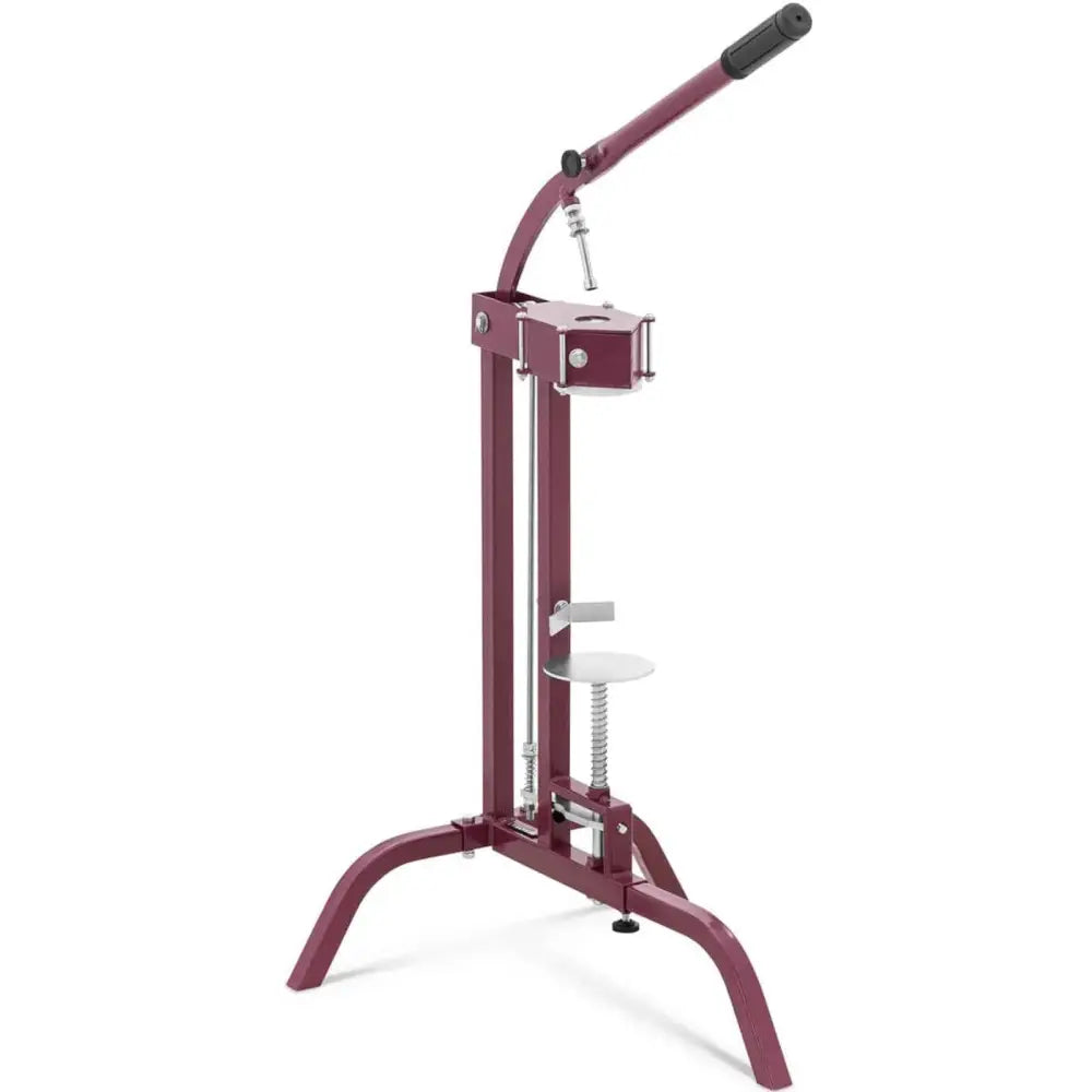 Mørkerødt vinstativ med sort håndtak, sideprofil som fremhever buet base og justerbar presseplate.