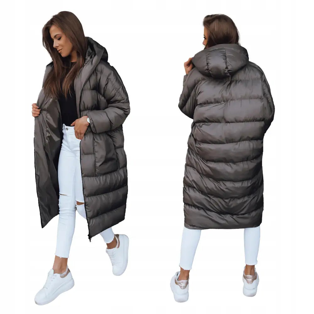 Vinter Damefrakk/jakke med Hette Uni - Grå