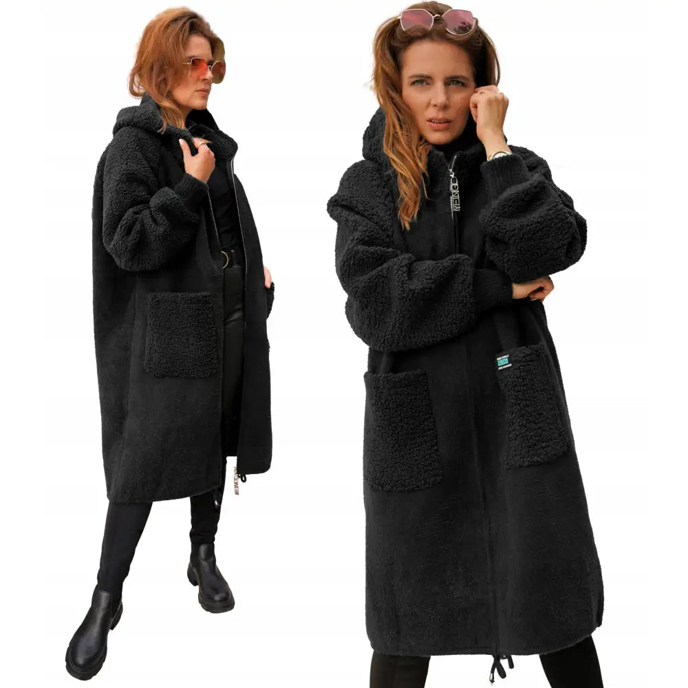 Vinterfrakk med Hette i Alpakka Sauepels Glidelås i Svart