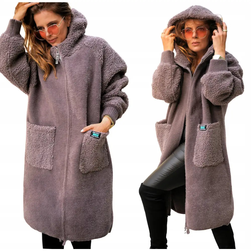 Vinterjakke med Hette i Alpakka og Lammeull med Glidelås i Kaffe-farge