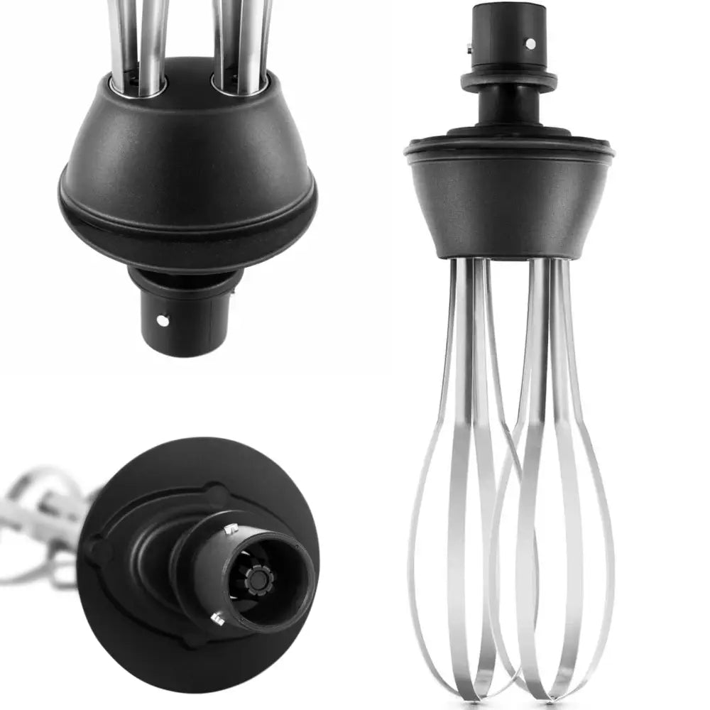 Vispemunnstykke for håndholdt blender, nærbilde av festemekanisme og to visper i svart og metall.