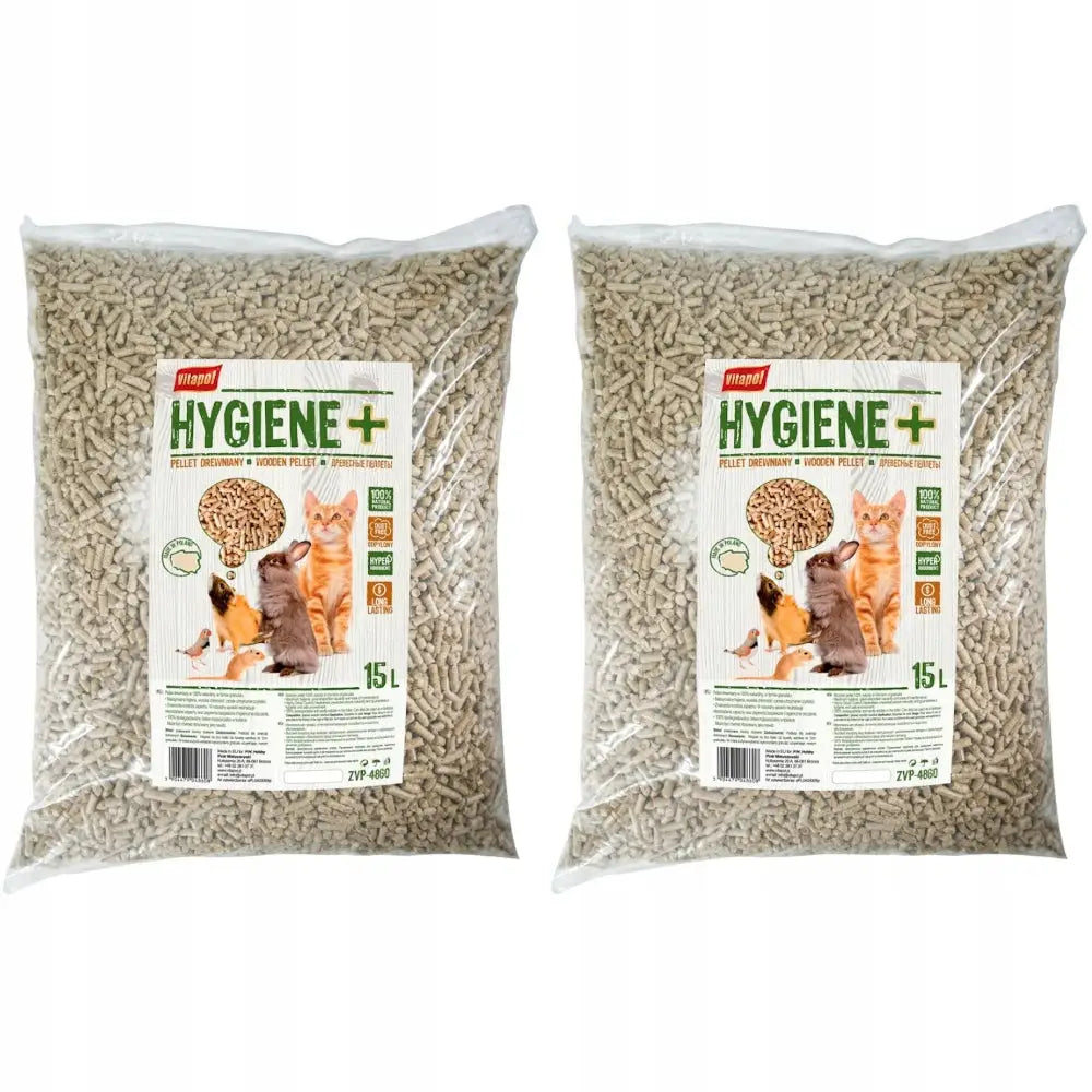 Vitapol Trepellets for katter, gnagere og kaniner, to poser med lysebrune pellets og etiketter med smådyrmotiv.