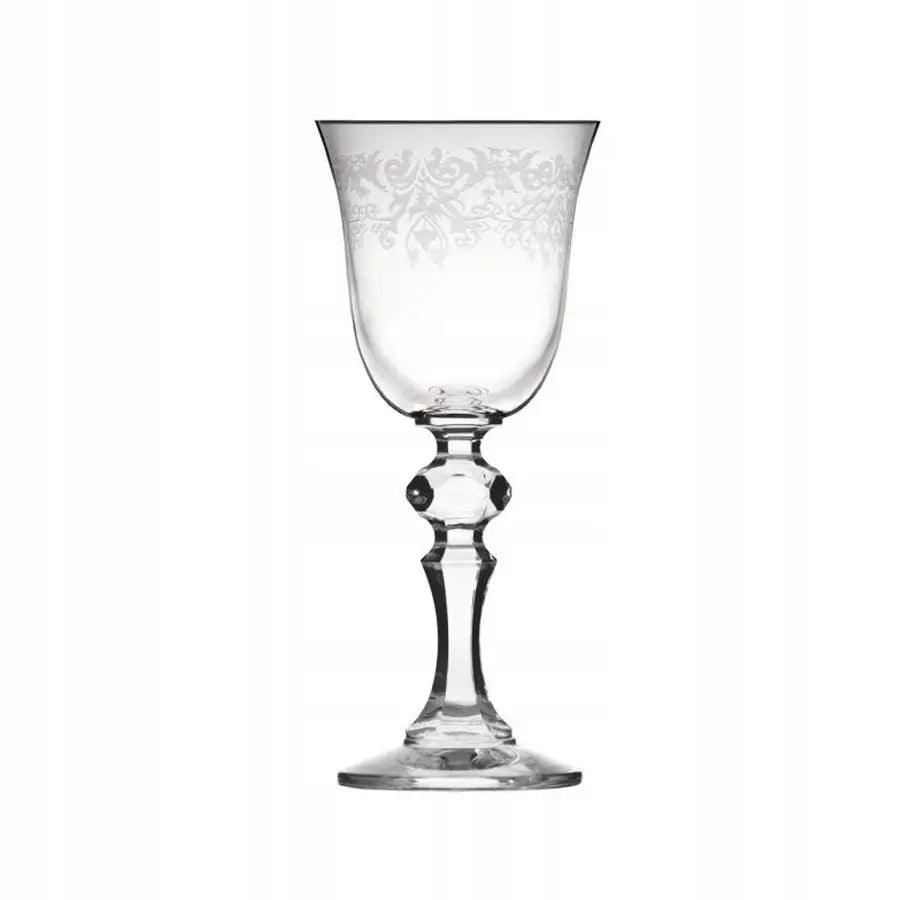 Vodkaglass Krista Deco 50ml med gravert mønster og fasettert stilk, vist fra siden mot hvit bakgrunn.