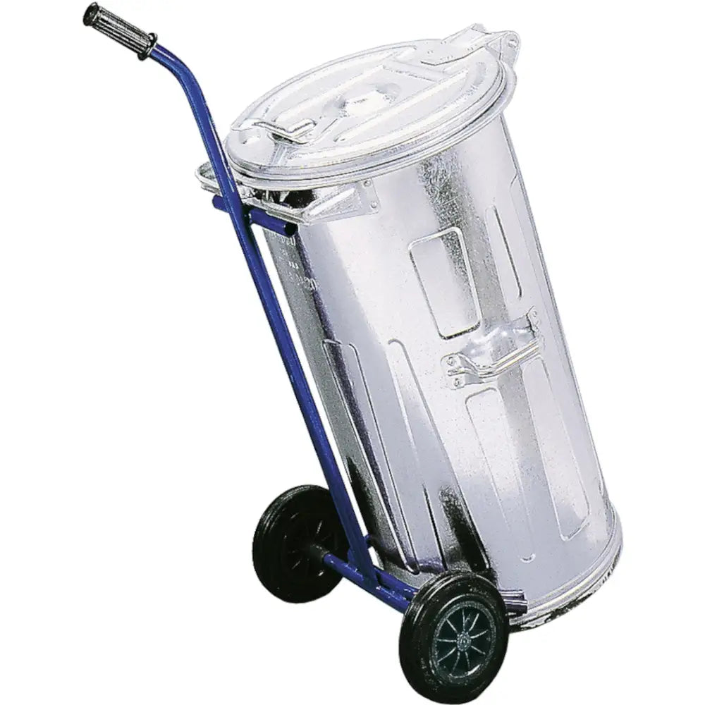 Vogn for askespann og avfallsbeholdere, sølvfarget bøtte med lokk på blå tralle med sorte hjul fra siden.