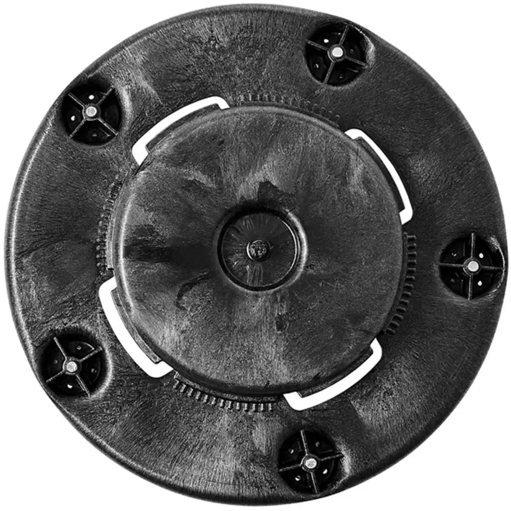 Vognbase til BRUTE-beholdere, rund sort plast med fire skruehull og tannhjulsmønster sett ovenfra.