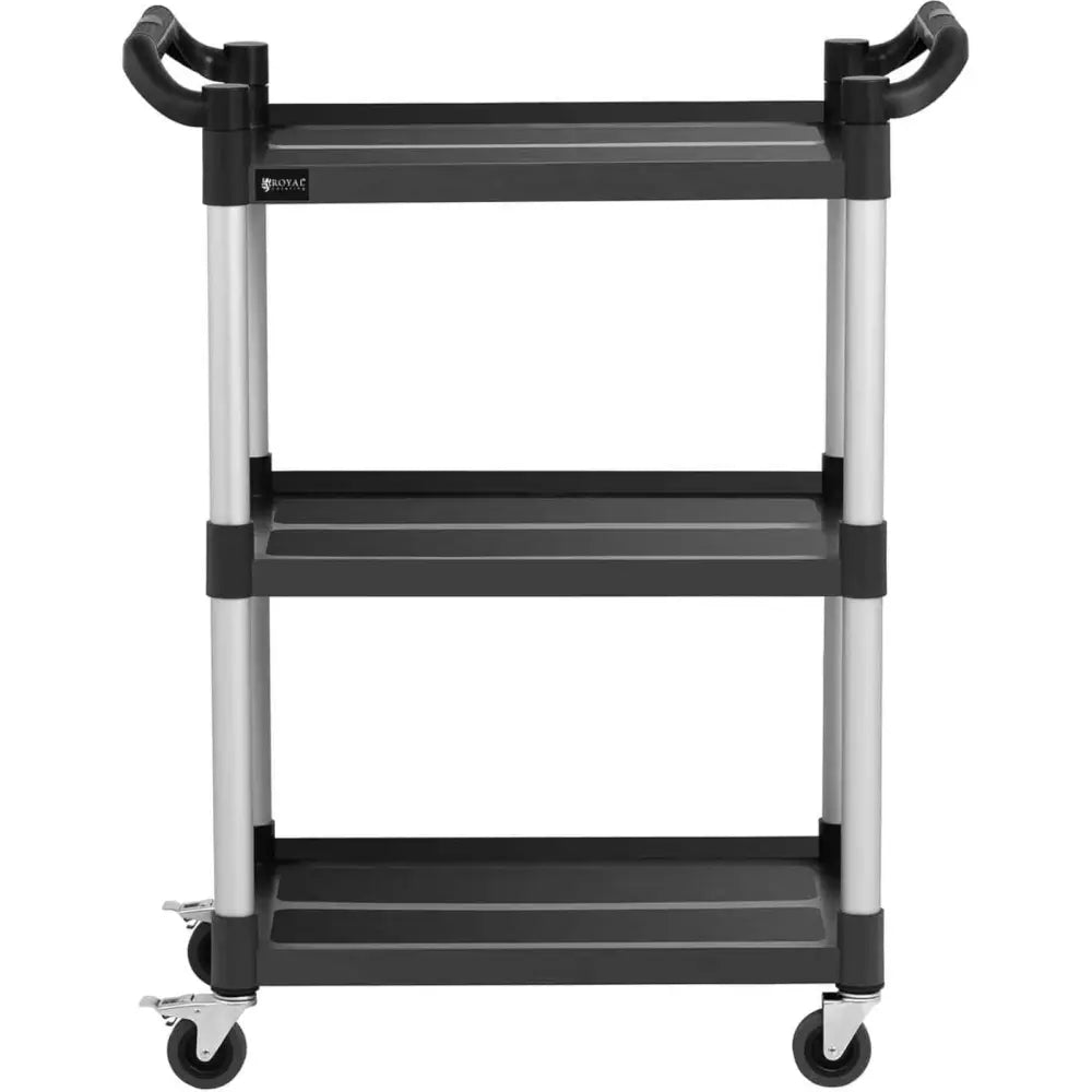 Vognservitørplattform med tre sorte hyller, solide sølvben, doble håndtak og hjul med bremser, frontvisning.