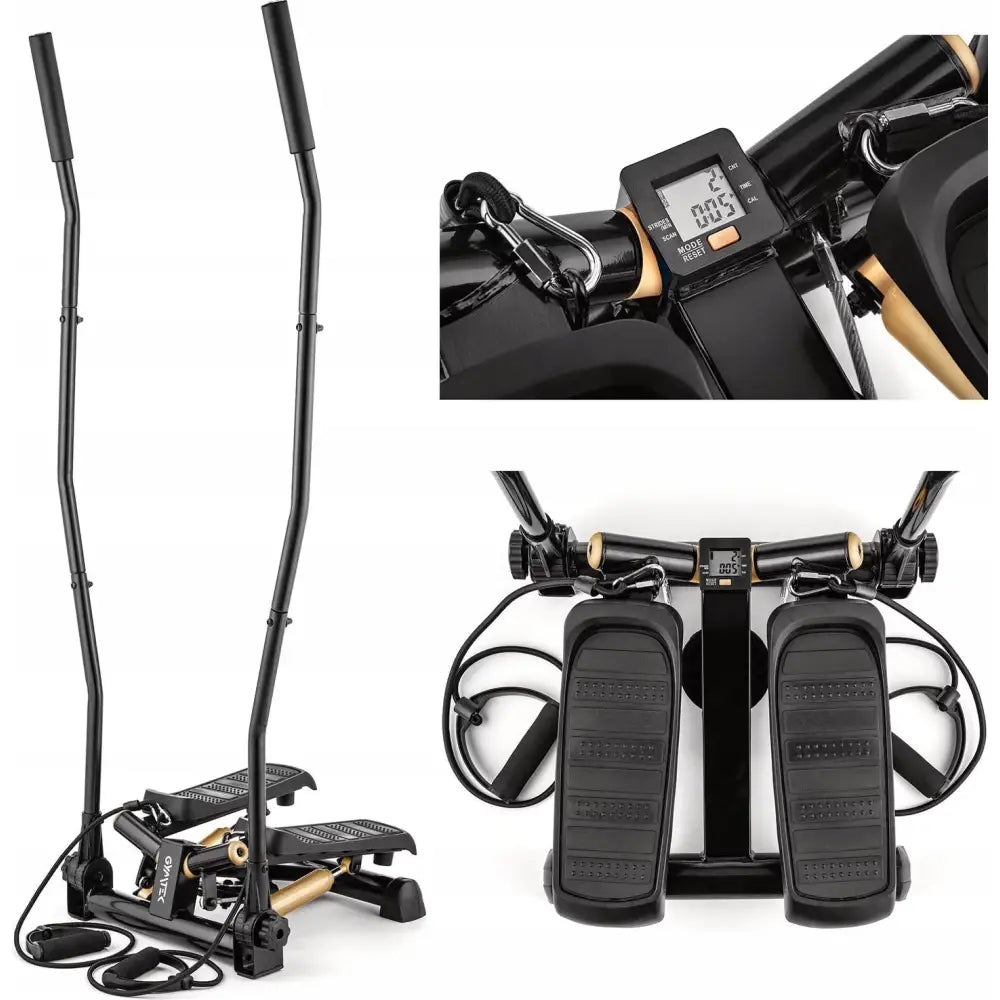 Vriestegger med armer og treningsstropper, sett fra siden og ovenfra med fokus på digital skjerm og fotplater.