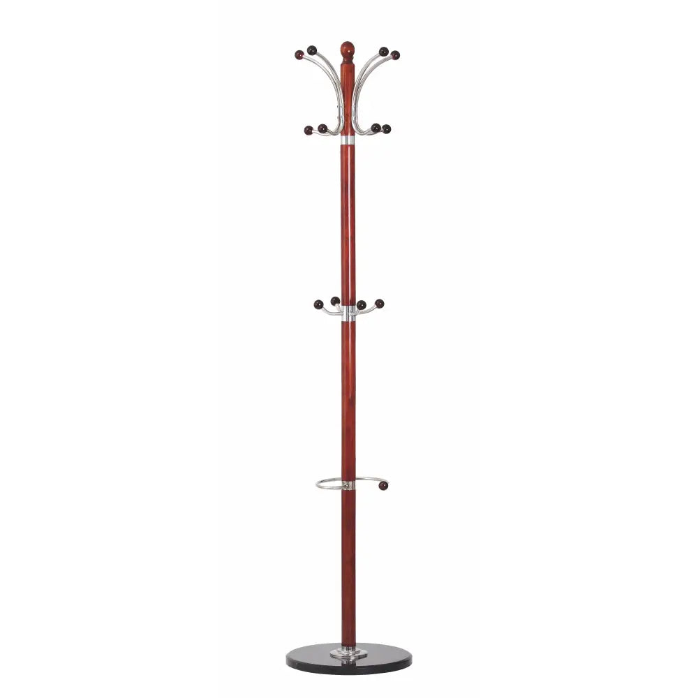 Knaggrekke W13 i kirsebærfarget tre og sort metall, frontvisning med ulike høyder og rund sort base.