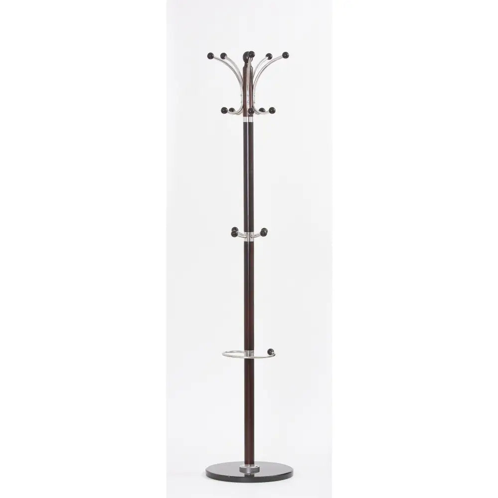 W13 krok i stang mørk brun, stumtjener med flere metallkroker og rund base, fotografert forfra mot hvit bakgrunn.