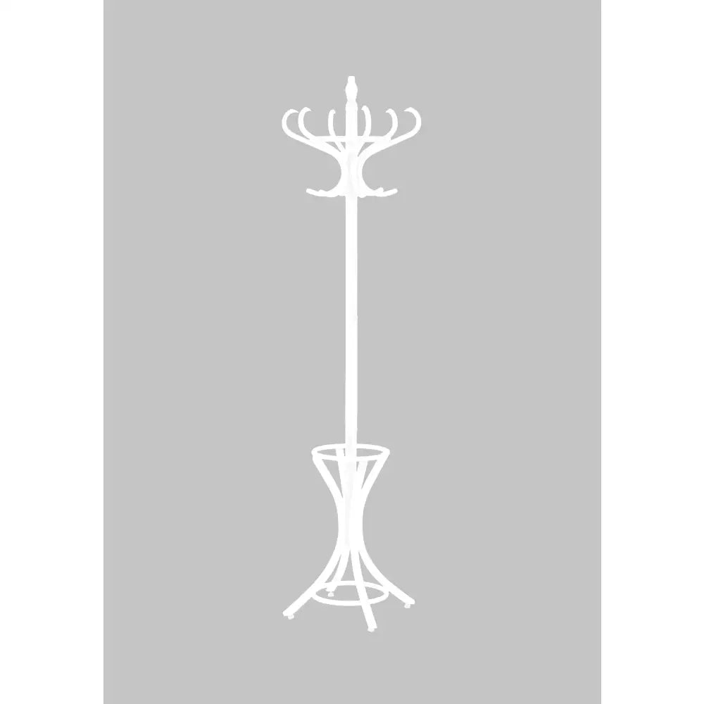 W30 hvit kleshenger i metall, frontvisning med flere kroker og stabilt stativ mot grå bakgrunn.