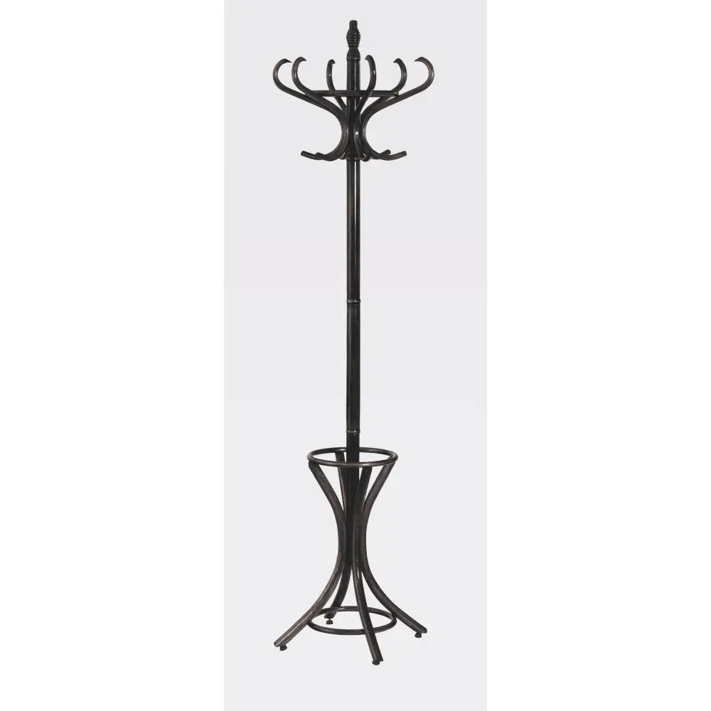 W30 klesstativ i wenge, sort metall med doble kroker og rund base med buede detaljer, frontvisning.