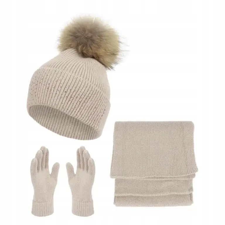 W454c Dame Vinter Sett Beige Lue Skjerf Hansker